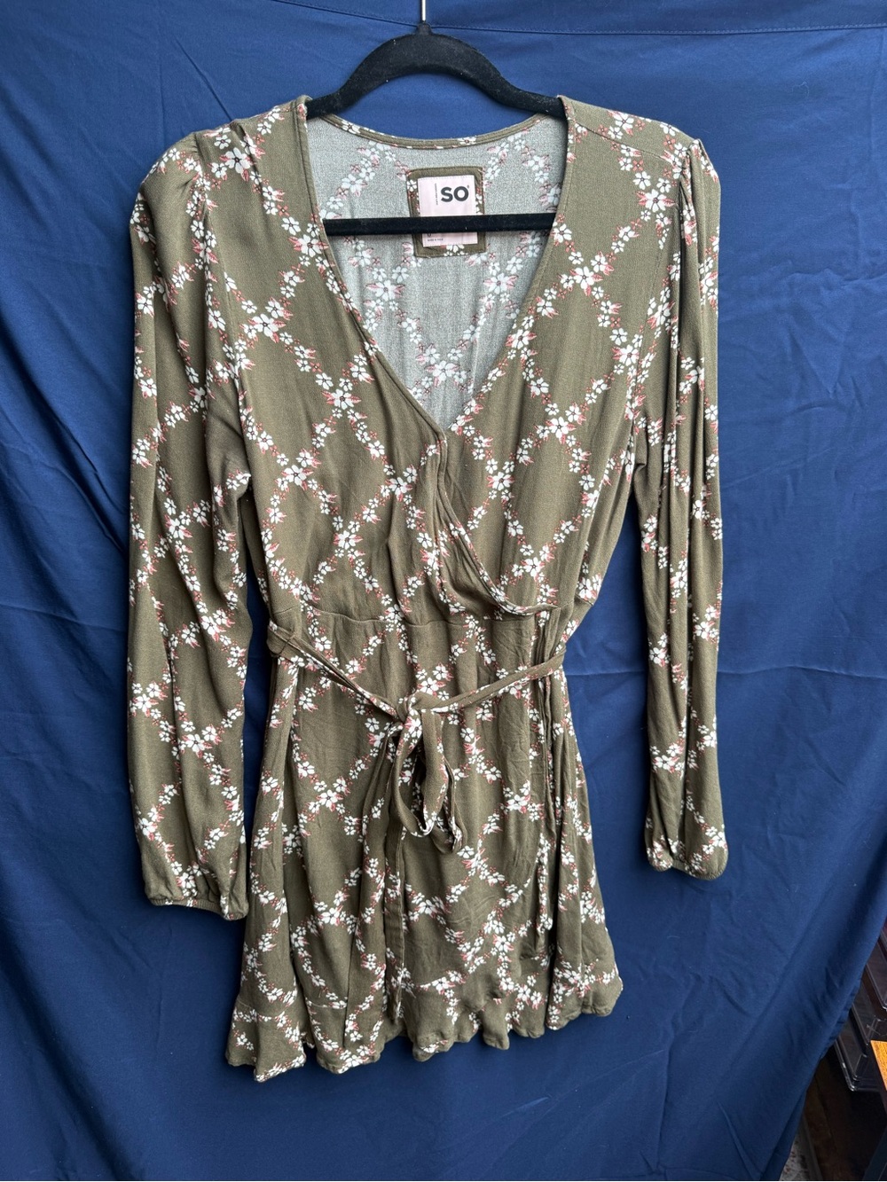 SO Olive Green Floral Wrap Dress with Tie Waist